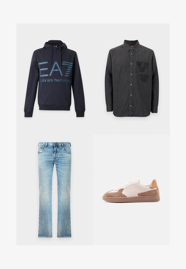 Dunkelblauer Hoodie mit Fronttasche, Kordelzugkapuze und großem blauem EA7 Emporio Armani Logo auf der Brust.; Schwarzes Denim-Hemd mit durchgehender Knopfleiste, langen Ärmeln, einem Kragen und drei bestickten Abzeichen auf der linken Brust. Strukturierter Stoff.; Helleblaue Denim-Jeans mit geradem Schnitt, Fünf-Taschen-Design und leichter Ausbleichung. Mit metallischem Knopf und Reißverschlussverschluss.; Weißer und beige farbener Sneaker mit niedrigem Schaft, Wildleder-Akzenten, perforierten Seiten, weißen Schnürsenkeln und einer strukturierten Gummisohle, seitlich auf weißem Hintergrund dargestellt.