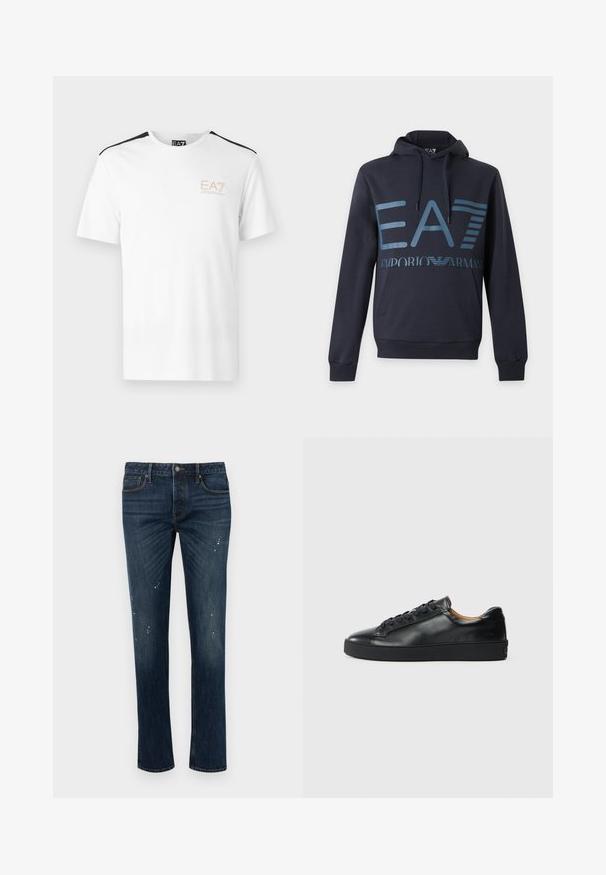 Tummansininen huppari etutaskulla, kiristysnyörillä varustetulla hupulla ja isolla sinisellä EA7 Emporio Armani -logolla rinnassa.; Valkoinen lyhythihainen t-paita, jossa mustat yksityiskohdat hartioissa ja vaalean beige EA7 -logo vasemmassa rintamuksessa. Puuvillamateriaalia.; Tummansiniset slim-fit-farkut, joissa lievää haalistumista ja pieniä valkoisia maalitahroja, viisi taskua ja nappisuljenta.; Musta nahkakenkä, jossa on sileä pinta, pyöreä kärki ja nauhakiinnitys. Varusteena paksu kumipohja ja minimaalinen brändäys.