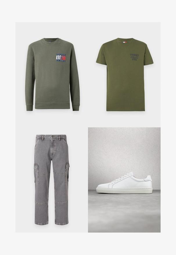Sweatshirt vert à manches longues en coton avec un col rond. Présente un logo graphique en rouge, blanc et bleu sur la poitrine. Poignets et ourlet en côtes.; T-shirt vert olive à manches courtes avec le texte "TOMMY JEANS NYC" sur la poitrine et un petit logo Tommy Hilfiger sur la manche gauche.; Pantalons cargo gris en denim avec plusieurs poches, une coupe droite et des détails de coutures visibles.; Sneaker blanche avec une tige en cuir lisse et un profil bas. Présente un bout arrondi, six œillets et une semelle en caoutchouc texturé.
