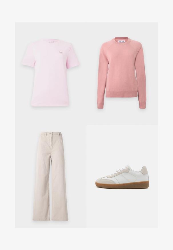 Suéter de punto rosa suave de manga larga con cuello redondo, puños y dobladillo acanalados, exhibido sobre un fondo claro y liso.; Camiseta de algodón de algodón de manga corta en color rosa claro, con un pequeño gráfico de cara sonriente redonda en el lado izquierdo del pecho. Textura suave y corte estándar.; Pantalones de pana beige de cintura alta con piernas anchas, con botón frontal, cierre de cremallera y trabillas para cinturón, exhibidos sobre un fondo blanco.; Deportivas de cuero blanco con acentos de ante beige, lengua texturizada y suela de goma. Presenta cordones blancos y detalles sutiles de costura.
