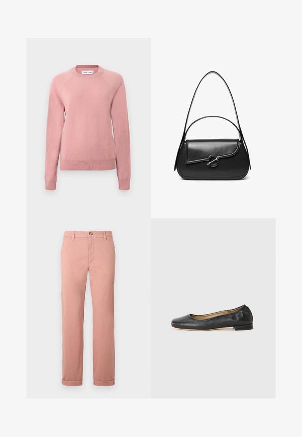Pull en maille rose pâle à col rond et manches longues, avec poignets et ourlet côtelés, présenté sur un fond clair uni.; Chinos rose clair en coton avec des jambes droites, dotés d'une fermeture à bouton sur le devant, de passants de ceinture et de poignets retroussés. Texture lisse.; Ballerines en cuir noir avec un bout arrondi et des coutures minimales. Talon bas et rectangulaire avec une texture lisse. Détails subtils de doublure intérieure.; Sac à bandoulière en cuir noir avec un rabat incurvé fermé par un fermoir métallique rond et une sangle fine et ajustable.