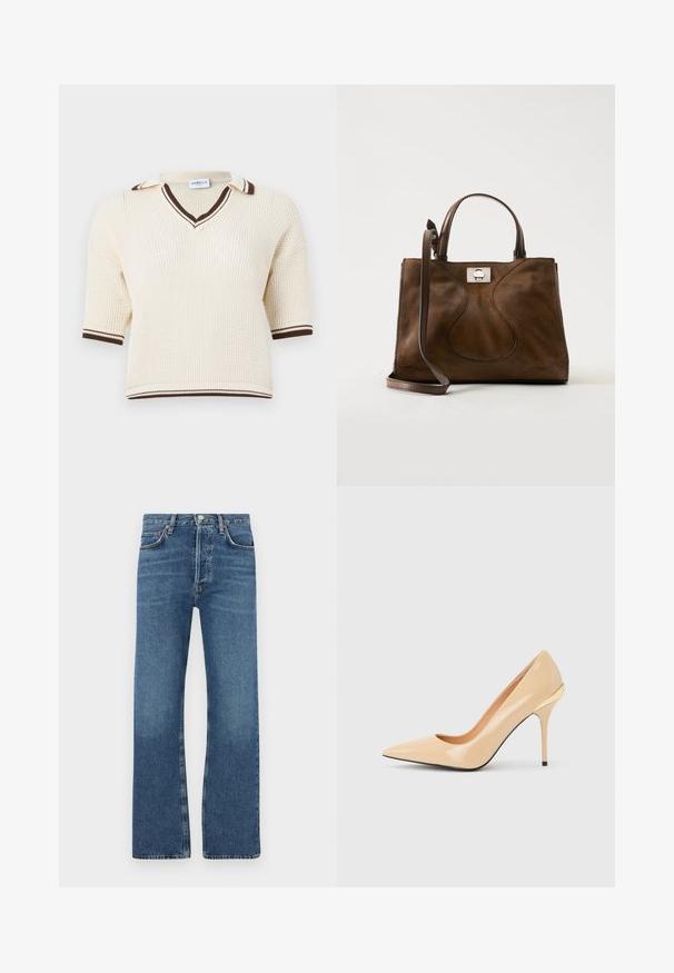 Strik kortærmet polotrøje i cremefarve med brune accenter, med V-udskæring og tekstureret mønster hele vejen igennem.; Blå jeans lavet af denim, med en lige ben design, fem lommer, en knaplukning og subtile slidte områder på lårene.; Beige laklæder pumps med høje hæle, spids tå og slank stiletthæl, med en lille guldaccent bagpå.; Brun ruskindshåndtaske med læderhåndtag og justerbar skulderrem, med en sølvfarvet spænde på en ensfarvet hvid baggrund.