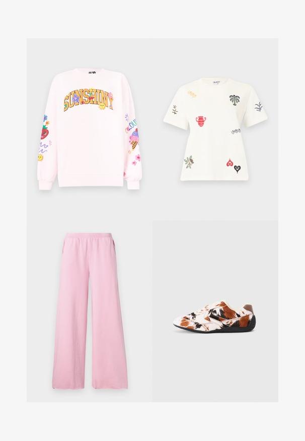 Sudadera rosa claro con el texto "SUNSHINY" decorado con flores, cerezas, soles sonrientes y diseños coloridos en ambas mangas.; Top blanco de manga corta con motivos bordados coloridos que incluyen palmeras, jarrón, hojas, corazones y formas abstractas dispersas por la tela.; Pantalones de pierna ancha rosa, hechos de una tela suave, con una cintura elástica y bolsillos laterales. Presenta un corte recto y fluido.; Zapatilla con parte superior estampada en colores blanco, marrón y negro. Textura suave, punta redondeada y suela de goma negra.