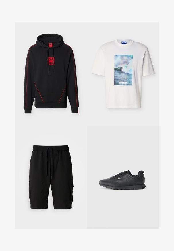 Sudadera con capucha negra con ribetes rojos en las mangas y los bolsillos delanteros, logotipo rojo y texto "HUGO" centrados en el pecho, cordones en la capucha.; Camiseta blanca de manga corta con gráfico de olas oceánicas en azul, verde y blanco, y texto "HUGO" centrado en la parte frontal.; Pantalones cortos cargo negros hechos de tejido ligero, con una cinturilla elástica, cordón y bolsillos laterales cargo para almacenamiento adicional.; Zapatilla negra de corte bajo con cordones en la parte delantera, detalles Texturizados y logo "HUGO" en el lateral, mostrada de perfil sobre un fondo blanco.