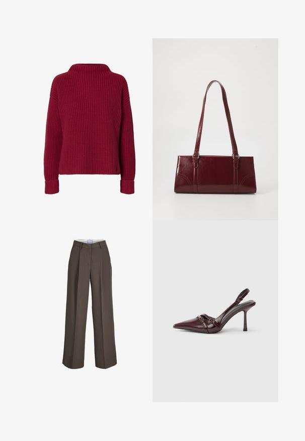 Langærmet rød strikket sweater med høj krave og ribbet manchetter, vist på en helt hvid baggrund.; Brune vidde bukser med bæltestropper, frontlige folder og en skjult lukning foran.; Bourgogne laklæder slingback-hæl med spids tå, tynd ankelrem og lille dekorativ spænde. Glat tekstur og høj hæl.; Bordeaux håndtaske lavet af glansfuldt materiale, rektangulær form, med to skulderremme og subtile buede detaljer på forsiden.