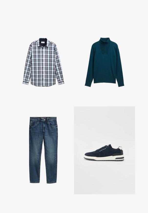 Tyrkis strikket pullover med høj krave, halv lynlås fortil og ribbet tekstur. Lange ærmer og en afslappet pasform øger komforten.; Langærmet ternet skjorte i blå, hvid og burgunder farver. Fremstillet af letvægtigt stof med knap-Down krave og knapper foran.; Mørkeblå denim jeans med lige ben, let falmning på lårene, fem lommer og metalhardware til lukning og detaljer.; Mørkeblå strik-sneakers med hvide og marineblå detaljer, rund tå, polstret sål og snørebåndslukning. Teksturerede sidepaneler synlige.
