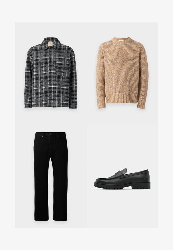 Pull en tricot dans des teintes beige et orange, présentant un motif côtelé texturé, un col rond et des manches longues avec un ourlet droit.; Chemise à carreaux noire, blanche et grise avec col, manches longues et boutonnière à l'avant. Elle dispose d'une poche poitrine pour un détail supplémentaire.; Jean en denim noir avec une coupe droite, cinq poches, fermeture à bouton sur le devant et détails de couture subtils.; Mocassins en cuir noir à bout arrondi, avec un design cousu, une semelle plateforme basse et une semelle en caoutchouc texturée et crantée.