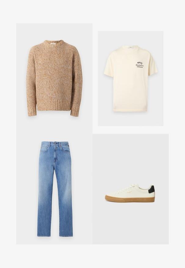 Πλεκτή ζακέτα σε μπεζ και πορτοκαλί αποχρώσεις, με υφή ριπ, στρογγυλή λαιμόκοψη και μακριά μανίκια με ίσιο στρίφωμα.; Κρεμ κοντομάνικη μπλούζα με μαύρο κείμενο "REPLAY Squadra Corse ADRENALINA" στο αριστερό στήθος και στρογγυλή λαιμόκοψη.; Φωτεινό γαλάζιο τζιν παντελόνι με ίσια γραμμή, εμπρόσθιο κουμπί, φερμουάρ και σχεδιασμό με πέντε τσέπες σε λευκό φόντο.; Λευκά καμβά παπούτσια με καουτσούκ σόλα, μαύρη λεπτομέρεια στη φτέρνα, στρογγυλή μύτη και σχέδιο με κορδόνια. Διαθέτει λογότυπο της μάρκας σε χρυσό στο πλάι.