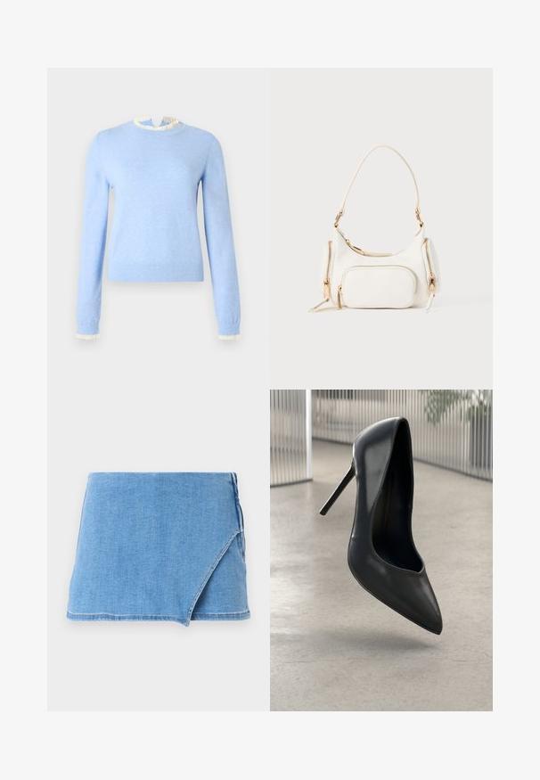 Lyseblå sweater lavet af blødt stof med en flæset hvid halsudskæring og manchetter, lange ærmer og en figursyet pasform.; Lysblå denim mini-nederdel med ombukdesign, frynset kant og en glat tekstur. Ingen yderligere udsmykninger eller mønstre.; Sorte læder højhælede pumps med spids tå, slankt design og ingen synlige hardware. Glat tekstur og minimalisisk stil.; Hvid håndtaske med en kort skulderrem, tekstureret overflade, flere lynlåslommer og detaljer i guldfarvet metal. Kompakt og moderne design.