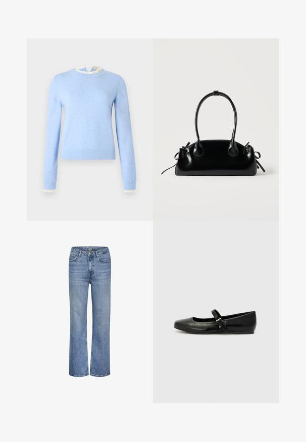 Hellblauer Pullover aus weichem Stoff, mit einem gerafften weißen Kragen und Manschetten, langen Ärmeln und einer taillierten Passform.; Blaue hoch taillierte gerade Jeans aus Denim mit vorderem Knopf, Reißverschluss und Fünf-Taschen-Design.; Schwarze Leder-Ballerinas mit einer runden Spitze, einer flachen Sohle und einem dünnen, verstellbaren Riemen über dem Spann mit einer Metallschnalle.; Kleine schwarze glänzende Handtasche mit zwei langen Griffen und seitlichen Kordelzug-Details vor einfachem hellem Hintergrund.