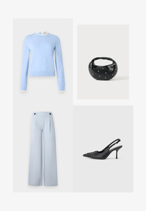 Suéter azul claro de tela suave, con cuello y puños blancos con volantes, mangas largas y diseño ajustado.; Pantalones de pierna ancha en azul claro con frente plano, pliegues y dos botones negros en la cintura. Fabricados en una tela suave con un acabado limpio.; Sandal de tacón stiletto negro de cuero con punta afilada, correa lateral con hebilla, tachuelas a lo largo del borde y cordones decorativos en la parte delantera.; Bolso de mano de cuero negro con forma redondeada, decorado con detalles de tachuelas plateadas y un asa corta. Textura lisa y cierre con cremallera.