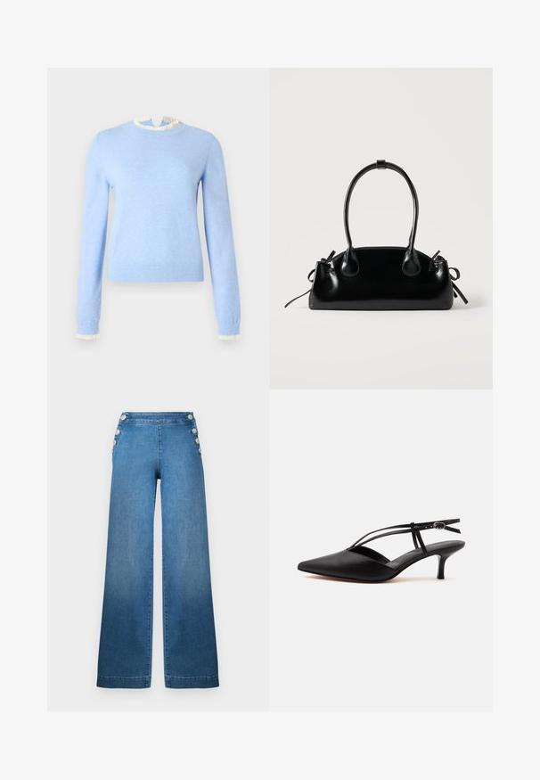 Pull bleu clair en tissu doux, avec un col et des poignets blancs à volants, manches longues et coupe ajustée.; Pantalons en denim bleu à jambes larges, avec une taille haute, des accents à boutons sur les côtés, et un ourlet net. Le tissu a une texture lisse avec un léger délavage.; Escarpin noir en cuir à bout pointu avec petit talon kitten, fine bride de cheville avec boucle, design slingback, sur un fond uni clair.; Petit sac à main noir brillant avec deux longues anses et des détails à cordon sur les côtés sur un fond clair uni.