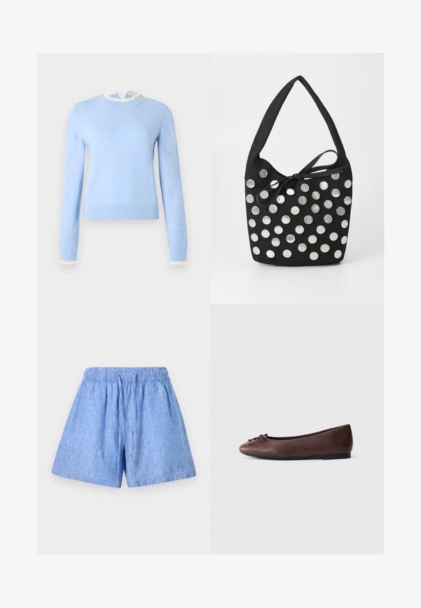 Pull bleu clair en tissu doux, avec un col et des poignets blancs à volants, manches longues et coupe ajustée.; Shorts bleu clair en coton avec des rayures blanches verticales. Comprend une taille élastique et une coupe large et décontractée.; Ballerine en cuir marron avec un bout arrondi, détail de nœud décoratif, semelle noire basse et texture lisse. Design simple et épuré.; Sac à main en tissu noir, de forme arrondie, orné de clous métalliques ronds en argent disposés en motif, et d'un accent en tissu noué.