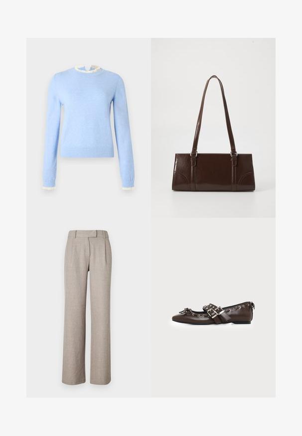Lyseblå sweater lavet af blødt stof med en flæset hvid halsudskæring og manchetter, lange ærmer og en figursyet pasform.; Beige skræddersyede bukser lavet af et struktureret stof, med et lige ben-design og frontfolder. Ingen synligt hardware eller mønstre.; Mørkebrune lædersko med flad sål og spids snude, dobbelt sølvsnørrebånd, metaløjer og dekorativ sløjfe foran.; Brun lakeret håndtaske med rektangulær form, to lange håndtag og subtile buede detaljer på fronten.