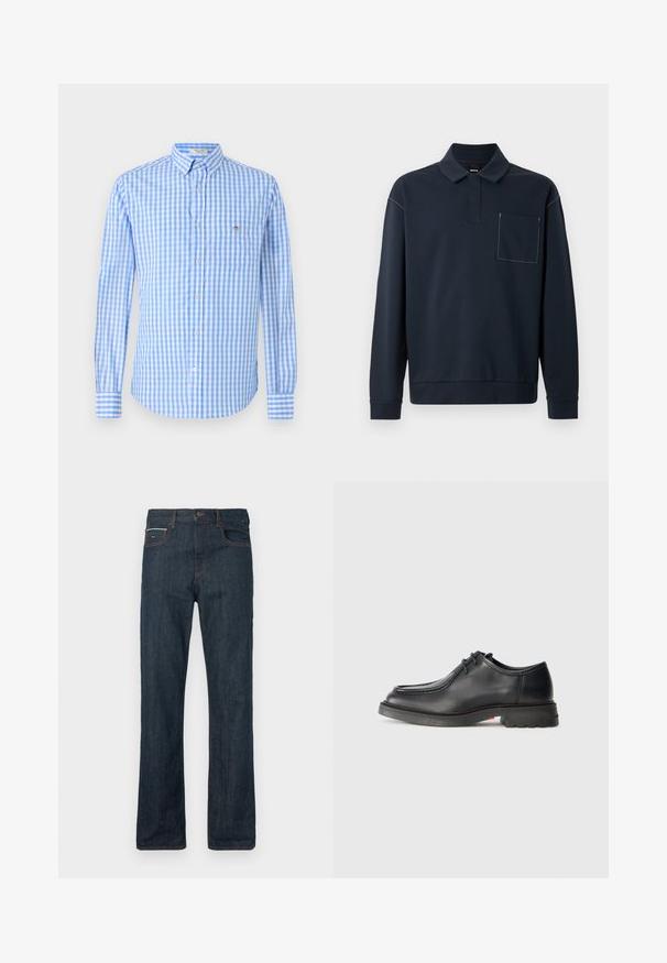 Navy-blauwe langarm polo shirt van zachte stof, met een knooploze placket en een opgestikte zak met contrasterende stikdetails.; Blauw en wit geruit overhemd met lange mouwen, een kraag en een borstzak. De stof lijkt glad en licht van gewicht.; Donkere spijkerbroek met een rechte pijp, oranje stiksels, vijf zakken en een knoopsluiting. Het materiaal is dik en gestructureerd, typisch voor denim.; Zwarte leren schoen met een gladde textuur, ronde neus en ondiepe gestikte versiering. Dikke rubbere zool met een lichte hak en grip patroon.
