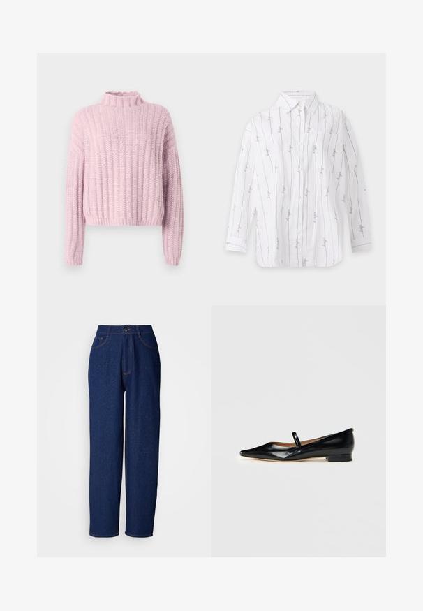 Lys pink strikket trøje med ribbet struktur, høj hals og lange ærmer. Designet har en cropped længde og løs pasform.; Hvid langærmet skjorte med tynde sorte lodrette striber og kursiv "hugo" tekst, der gentages langs striberne på en ensfarvet baggrund.; Mørkeblå denim bukser med vide ben og høj talje, prydet med orange syninger, forlommer og knaplukning. Glat tekstur med diskrete prikker.; Sorte patenterede læder Mary Jane flade sko med spids tå, én rem og lav hæl på ensfarvet baggrund.