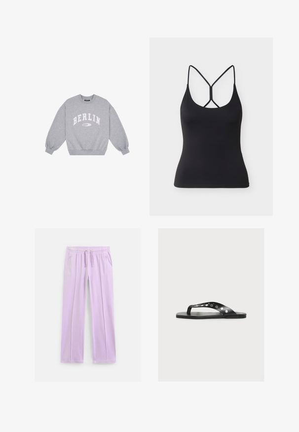 Grijze sweatshirt met een ronde halslijn en lange, puffige mouwen. Heeft "BERLIJN" in witte letters op de borst. Zacht katoenmateriaal.; Zwart aansluitend hemd met dunne bandjes en een uniek kruislingse ontwerp aan de achterkant op een lichtgrijze achtergrond.; Lichtpaarse sweatpants met rechte pijpen, een elastische tailleband, verstelbare trekkoorden en ritszakken aan de zijkanten.; Zwarte platte teenslipper met brede band versierd met ronde zilveren studs op een witte achtergrond.