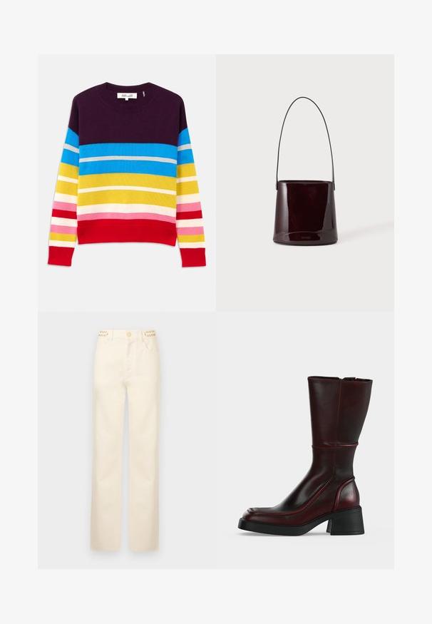 Jersey de punto con rayas horizontales en púrpura, azul, amarillo, rosa y rojo. Cuello y dobladillo acanalados. Textura suave, diseño casual.; Rabanne Vaqueros rectos - off white denim; Bota de piel rojo oscuro hasta la mitad de la pantorrilla con puntera cuadrada, tacón bajo de bloque negro y cremallera lateral sobre un fondo claro y liso.; Bolso tipo cubo marrón oscuro y brillante con una correa larga y delgada y costuras mínimas visibles sobre un fondo claro.