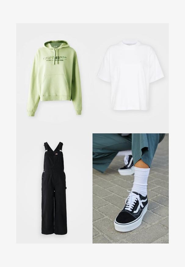 Hellgrüner Kapuzenpullover aus Baumwollmischung. Verfügt über eine Kängurutasche, eine Zugkordelkapuze und einen gestickten Logo-Text "Carhartt Work in Progress."; Weißes Baumwoll-T-Shirt mit Rundhalsausschnitt, kurzen Ärmeln und lockerer Passform. Verfügt über ein dezentes Logo auf der linken Brustseite. Glatte Textur.; Schwarze Denim-Latzhosen mit weitem Bein, verstellbaren Schulterriemen, Fronttasche und silbernen Hardware-Akzenten. Glatte Textur, minimalistisches Design.; Schwarze Wildledersneaker mit weißen Akzenten und Schnürsenkeln, ausgestattet mit einer dicken weißen Sohle und kontrastierenden Nähten, kombiniert mit einer weißen Socke.