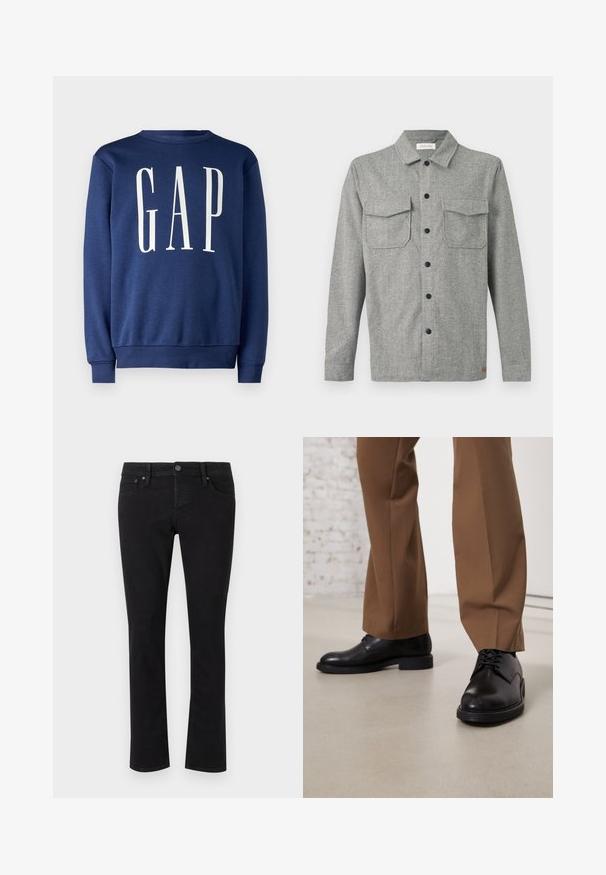 GAP Sweatshirt - blue shade; Grå fiskeben-langærmet skjortejakke med sorte knapper, to frontlommer med klap og en lille mærkeetiket nær kanten.; Sorte denimjeans med lige snit, fem-lomme design, metalknaplukning og minimal syning. Glat tekstur hele vejen igennem.; Sorte læder sko med glat overflade og rund tå, der har snørebåndslukning og en lav, flad sål. Sammen med brune bukser.