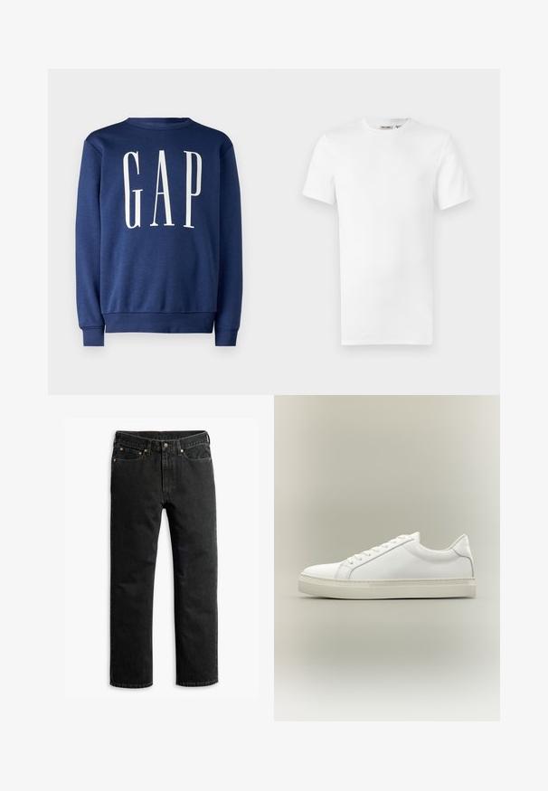 GAP Sweatshirt - blue shade; Ein schlichtes weißes T-Shirt mit kurzen Ärmeln und Rundhalsausschnitt, mit einem kleinen Markenetikett im Krageninneren, auf weißem Hintergrund dargestellt.; Schwarze Jeans im geraden Schnitt mit fünf Taschen, Gürtelschlaufen und einem Knopfverschluss an der Taille, flach auf einem weißen Hintergrund ausgelegt.; Weißer Sneaker mit niedrigem Schaft, vorn mit Schnürung und dicker Sohle, aus der Seitenansicht vor neutralem Hintergrund.