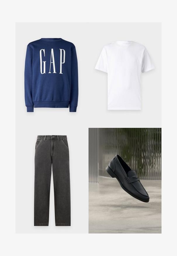 GAP Sweater - blue shade; Witte T-shirt met korte mouwen, gemaakt van katoen, met een ronde hals. Het heeft een gladde textuur en een eenvoudig ontwerp zonder patronen of accenten.; Donkergrijze denimbroeken met een rechte pasvorm, voorzien van contrasterende witte stiksels, een knoopsluiting en zijzakken.; Zwarte leren loafer met een gladde afwerking, puntige neus en gestikte details over de wreef. Lage hak en minimalistisch ontwerp.