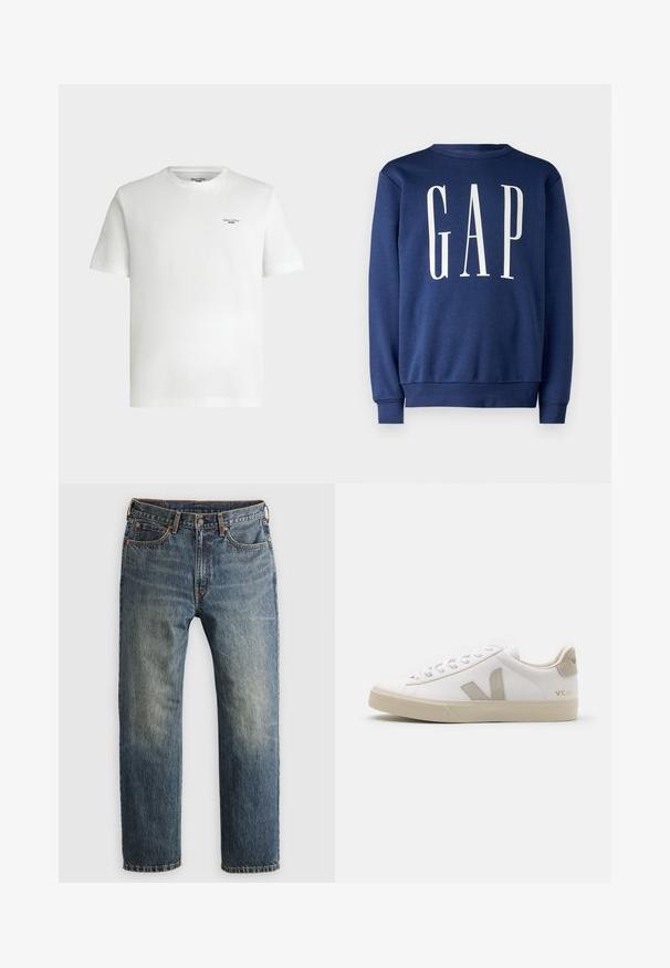 GAP Φούτερ - blue shade; Άσπρο κοντομάνικο T-shirt με στρογγυλή λαιμόκοψη και μικρό μαύρο κείμενο λογότυπου «Marc O'Polo DENIM» στο πάνω αριστερό μέρος του στήθους.; Μπλε ξεθωριασμένα τζιν παντελόνια με ίσια γραμμή, μπροστινές τσέπες, θηλιές ζώνης, κουμπί και φερμουάρ σε ελαφρύ φόντο.; Λευκό δερμάτινο αθλητικό παπούτσι με μπεζ λεπτομέρειες, επίπεδη καουτσούκ σόλα, στρογγυλή μύτη και αντίθετο λογότυπο στο πλάι και πίσω. Σχεδίαση με κορδόνια.