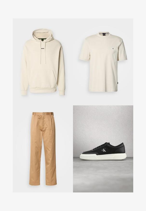 Sudadera con capucha color crema con bolsillo frontal, cordones ajustables y logo "BOSS" bordado en negro en el pecho. Material suave.; Camiseta de manga corta y cuello redondo en algodón beige claro. Presenta un pequeño logo redondo en el pecho y un dobladillo recto.; Pantalones caqui, mezcla de algodón, diseño de pierna recta, con pliegues delanteros, trabillas para cinturón y cierre de botón. Textura suave sin patrones.; Zapatilla deportiva de cuero negro con suela blanca y logo "cK", exhibida en el aire frente a una pared de bloques de vidrio y un suelo de concreto.