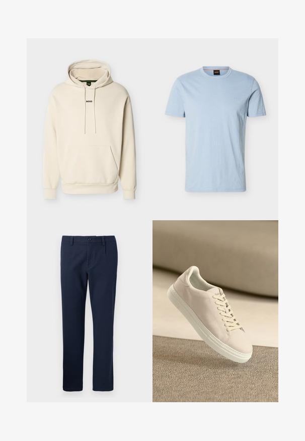 Sweat à capuche couleur crème avec une poche avant, des cordons ajustables et le logo "BOSS" brodé en noir sur la poitrine. Matière douce.; T-shirt bleu clair à manches courtes et col ras du cou, avec un logo "BOSS" discret sur la poitrine et une étiquette noire avec le label orange "BOSS" à l'intérieur du col.; Pantalon bleu marine droit avec fermeture par bouton et zip, passants de ceinture et poches avant, présenté sur un fond uni.; Baskets en suède beige avec semelle et lacets blancs, présentées en suspension au-dessus d'un tapis beige texturé sur fond beige doux.