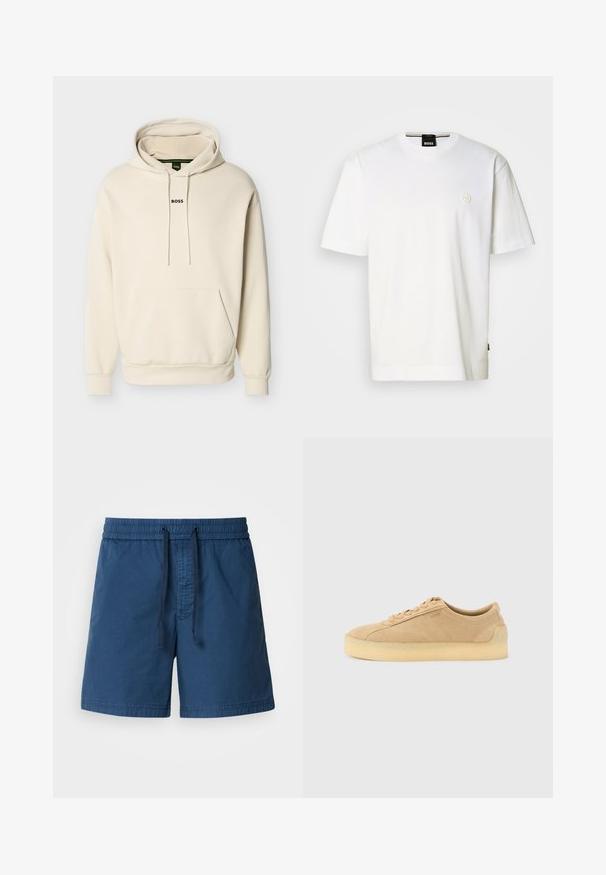 Sweat à capuche couleur crème avec une poche avant, des cordons ajustables et le logo "BOSS" brodé en noir sur la poitrine. Matière douce.; T-shirt en coton blanc avec un col rond, des manches courtes et un petit logo sur la poitrine. Ourlet inférieur droit.; Shorts de bain bleu marine avec une taille élastique, fermeture à cordon et un tissu texturé. Le design présente une coupe droite et sans poches.; Baskets basses en daim beige avec semelle épaisse en gomme, fermeture à lacets à l'avant, et logo discret sur le côté, sur un fond uni gris clair.