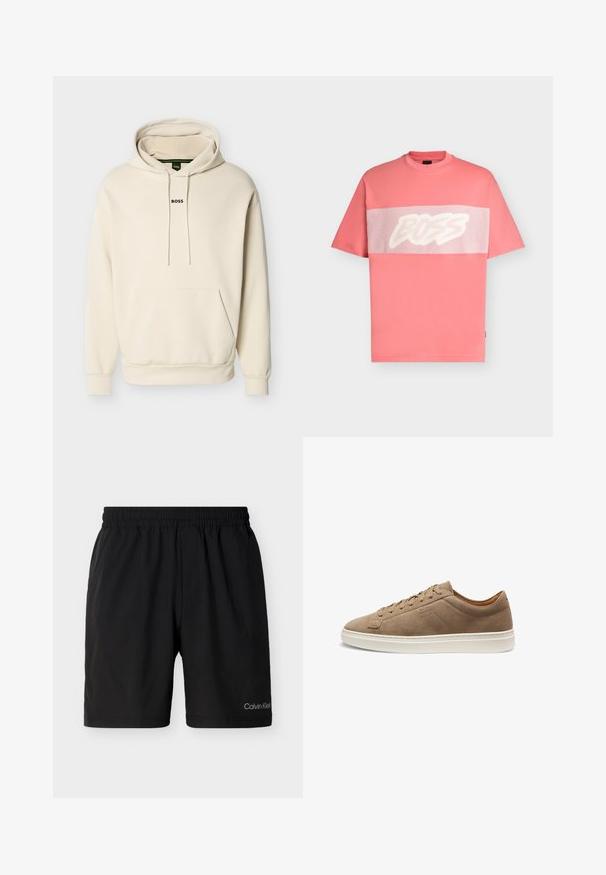 Sweat à capuche couleur crème avec une poche avant, des cordons ajustables et le logo "BOSS" brodé en noir sur la poitrine. Matière douce.; T-shirt à manches courtes couleur corail avec un panneau en mesh blanc sur la poitrine, présentant un texte audacieux et stylisé « BOSS ».; Shorts à taille élastique noire avec poches latérales, longueur aux genoux, arborant un petit logo Calvin Klein sur la partie inférieure de la jambe gauche.; Baskets basses en daim beige avec fermeture à lacets sur le devant et semelle en caoutchouc blanche, vue de côté, coutures minimales et logo de la marque en relief.