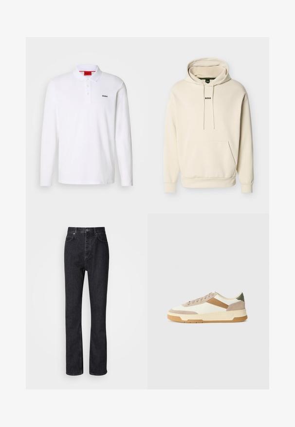 Sweat à capuche couleur crème avec une poche avant, des cordons ajustables et le logo "BOSS" brodé en noir sur la poitrine. Matière douce.; Polo-shirt blanc à manches longues en coton avec un col, une patte de boutonnage à trois boutons et un logo noir "HUGO" sur la poitrine gauche.; Jean en denim noir taille haute avec fermeture à bouton et à glissière, poches avant et arrière, et coupe droite.; Baskets en beige, crème et vert olive, dotées de matériaux en daim et cuir, d'un bout rond, d'un design minimaliste et d'une semelle en caoutchouc.