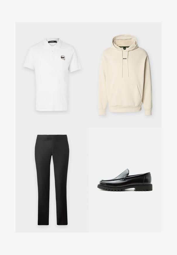 Crèmekleurige capuchontrui met een voorzak, verstelbare trekkoorden en een "BOSS"-logo in het zwart geborduurd op de borst. Zacht materiaal.; Witte polo met korte mouwen, drie knopen bij de hals, en een zwart geborduurd cartoonlogo op de linkerborst.; Zwarte rechte broek gemaakt van gladde stof, met een platte voorkant, geen zichtbare zakken en een schone tailleband.; Zwarte leren loafer met dikke rubberen zool, gestikte bovenkant en gegraveerde merknaam op de hiel, zijaanzicht op witte achtergrond.