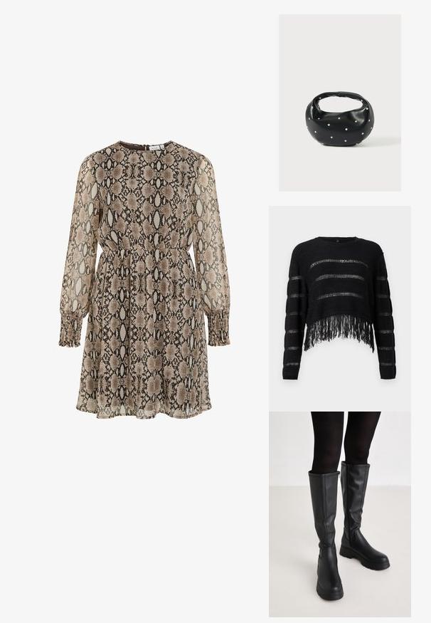 Sort cropped sweater med horisontale striber i åben vævning og frynset kant. Blød tekstur med lange ærmer og rund halsudskæring.; Brun og cremet slangeprint kjole, gennemsigtigt stof, lange ærmer med smockede manchetter, tætsiddende talje og rund halsudskæring med lukning i ryggen.; Even&Odd Plateaustøvler - black; Sort læderhåndtaske med en rundet form, dekoreret med sølvnitter, og et kort håndtag. Glat tekstur og lynlåslukning.