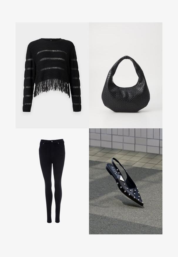 Schwarzer kurz geschnittener Pullover mit horizontalen Streifen aus offenem Gewebe und ausgefranstem Saum. Weiche Textur mit langen Ärmeln und rundem Ausschnitt.; Schwarze Skinny-Jeans aus Denim mit glatter Textur. Verfügt über einen Frontknopf- und Reißverschluss, fünf Taschen und eine schmale Passform.; Schwarzer, spitzer Slingback-Schuh aus glattem Material, mit silbernen Nieten, flacher Sohle und Logo auf der Einlegesohle.; Schwarze gewebte Handtasche mit einem gebogenen Griff, die eine strukturierte Oberfläche und eine lässige Form hat. Glatte Oberfläche mit einer organischen Silhouette.