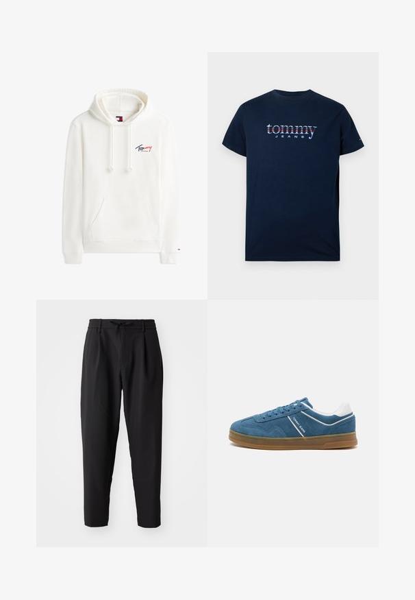 Witte hoodie met voorzak, verstelbare capuchon met koord en klein 'Tommy Jeans' logo in rood en blauw op de borst en pols.; Marineblauwe katoenen T-shirt met "tommy JEANS" in gekleurde letters, korte mouwen en een klassiek ronde hals ontwerp.; Zwarte tapering broek met een elastische tailleband en trekkoord. Glad materiaal met een lichte textuur, voorzien van plooien en zijzakken.; Blauwe suède sneakers met witte accenten, ronde neus, structuur oppervlak, vetersluiting ontwerp en gumrubberen zool met verhoogde rand.