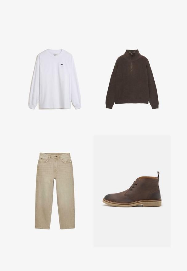 Brun strikket pullover med høj krave og halv lynlås. Har ribbet tekstur og dropped shoulders for en afslappet pasform.; Hvid langærmet t-shirt i bomuld med et lille sort skateboardgrafik på venstre bryst og ribbede manchetter.; Lysebeige jeans med lige ben, fem lommer, knaplukning og bæltestropper, vist på en hvid baggrund.; Brune læder ankelstøvle med en afrundet tå, snørebåndsdesign og en cremefarvet gummisål. Har en løkke på hælen.