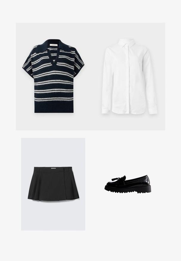 Pull en V à manches courtes rayé bleu marine et blanc avec une finition douce et texturée. Comprend un col pointu. Conçu pour un ajustement décontracté.; Chemise blanche à manches longues en coton lisse. Présente un col classique et un devant à boutons avec un ourlet droit et sans motifs.; Jupe noire plissée avec un motif à rayures, fabriquée en tissu texturé avec une taille, conçue pour un look ajusté.; Des mocassins en cuir verni noir avec une semelle à crampons épaisse, présentant un gland décoratif et un design élégant, mettant en valeur une finition lisse et brillante.