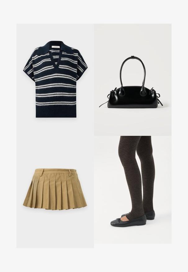 Suéter de manga corta a rayas en azul marino y blanco con un escote en V y un acabado suave y texturizado. Presenta un cuello puntiagudo. Diseñado para un ajuste relajado.; Falda plisada de tejido beige, con una cinturilla ajustada, múltiples pliegues y un dobladillo recto. Sin cierres ni detalles visibles.; Piernas con leggings oscuros acanalados combinados con bailarinas negras que presentan pequeños detalles de lazo sobre un fondo blanco.; Pequeño bolso negro brillante con dos asas largas y detalles de cordón lateral sobre un fondo claro liso.