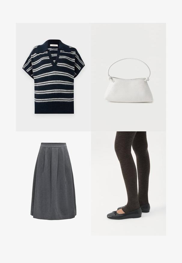 Pull en V à manches courtes rayé bleu marine et blanc avec une finition douce et texturée. Comprend un col pointu. Conçu pour un ajustement décontracté.; Jupe plissée gris foncé de longueur moyenne avec une taille ajustée, conçue pour un usage décontracté ou professionnel.; Jambes portant des leggings côtelés foncés associés à des ballerines noires avec de petits détails en nœud sur fond blanc.; Sac à main en cuir tressé blanc avec poignée arrondie et extrémités de lanière nouées, présenté sur un fond uni.