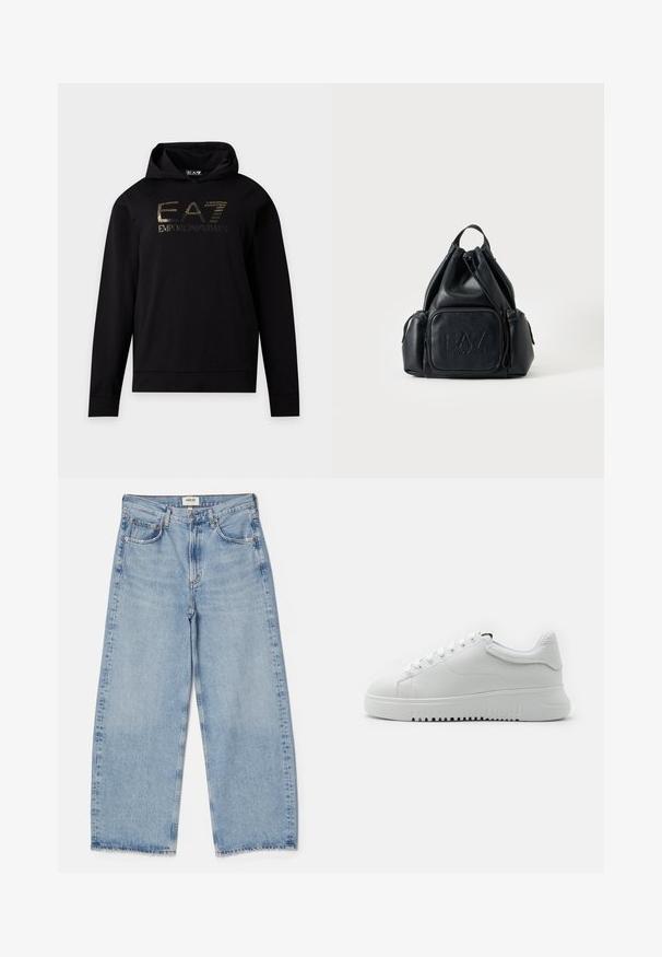 Sweat à capuche noir à manches longues avec logo doré EA7 Emporio Armani sur la poitrine, poche kangourou à l'avant et capuche avec cordon.; Agolde Jean baggy - light-blue denim; Baskets blanches avec une tige en cuir texturé, bout rond et lacets. Semelle en caoutchouc blanc épaisse avec un motif de traction texturé.; Sac à dos en cuir noir avec cordon, poches zippées à l'avant et sur le côté, avec logo "EA7 Emporio Armani" embossé sur la poche avant.