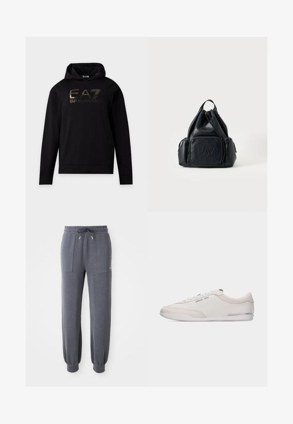 Mustast kangast pikade varrukatega kapuutsiga dressipluus, millel on rinnal kuldse EA7 Emporio Armani logo, ees tasku ja kapuutsi nöörid.; Hallid hallid spordipüksid pehmest kangast, millel on elastne vöökoht ja nöör, kaks eesmist taskut ning kitsenevad sääred pahkluude juures.; Madalprofiilne valge ja beež paeltega toss, sileda naha ja seemisnahast detailidega, millel on küljele väike Michael Korsi logo.; Mustast nahast paelaga seljakott, esiküljel ja külgedel lukuga taskutega, esiküljel on reljeefne "EA7 Emporio Armani" logo.