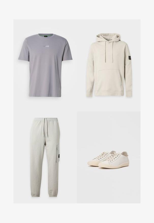 Sweat à capuche beige clair avec poche avant, manches longues, cordons et un petit patch logo noir sur le bras gauche.; T-shirt gris à manches courtes en coton, avec un col rond et le logo "BOSS" embossé en blanc sur la poitrine.; Pantalon de jogging gris clair avec taille et poignets élastiques, cordon à l'avant, et une poche cargo latérale avec rabat et petite étiquette noire.; Baskets blanches en cuir lisse avec des coutures ton sur ton, fermeture à lacets, bout arrondi et semelle en caoutchouc texturée.