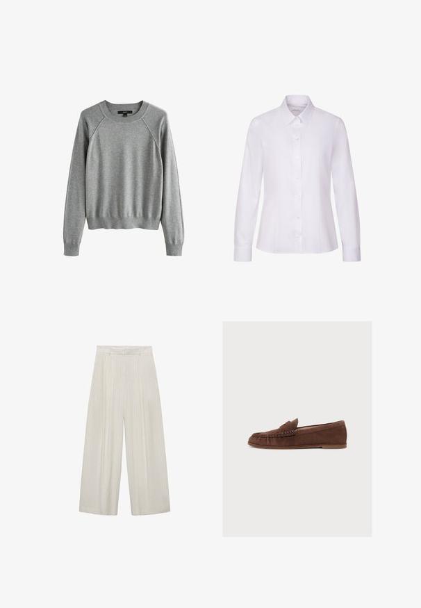 Grå sweater med rund halsudskæring, raglanærmer og ribstrikkede manchetter. Fremstillet af et blødt stof med en glat struktur.; Hvid langærmet skjorte med knapper, spidse kraver og tætsiddende syninger, skræddersyet til en slank silhuet.; Bredde bukser i lys beige med lodrette hvide striber. Har høj talje, plisseret front og glat tekstur.; Brun ruskind herreloafer med flad sål og mokkasinsyning på en lys baggrund.