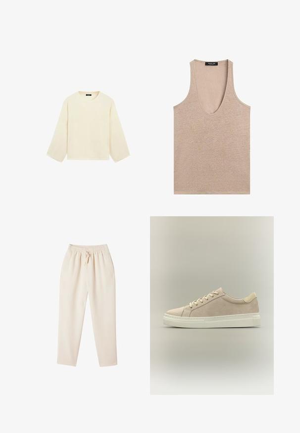 Kremfarvet langærmet striktrøje med rund halsudskæring og let løs pasform, vist på en hvid baggrund.; Beige ærmeløs tanktop med dyb rund halsudskæring og en Massimo Dutti-mærkat på bagsiden af halsen.; Beige loungbukser med en afslappet pasform, elastisk talje, snoretræk og sidelommer. Fremstillet af et blødt, struktureret stof.; Beige lavt snøresko i ruskind med cremefarvet gummisål og matchende snørebånd, set fra siden mod en neutral baggrund.