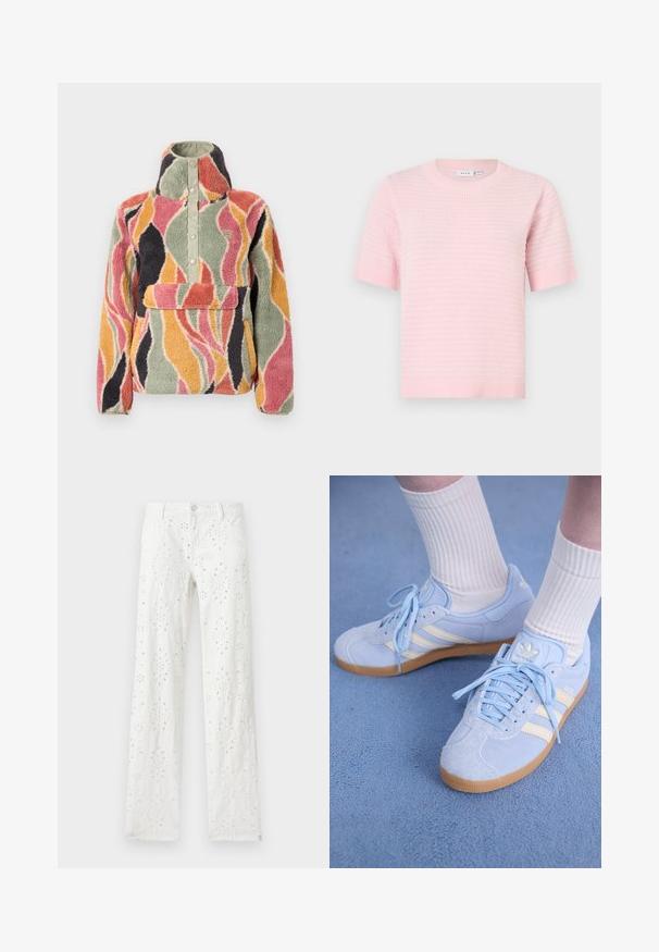 Fleece trui met hoge kraag en drukknopsluiting. Heeft een golvend multicolor patroon in roze, groen, oranje en zwart.; Lichtroze gebreid topje met korte mouwen, ronde hals en geribbelde rand. Heeft een getextureerd patroon door de hele stof.; Witte broek met rechte pijpen, bloemrijke opengewerkte borduursels en knoop- en ritsluiting, plat liggend op een lichte achtergrond.; Lichtblauwe suède sneakers met witte strepen, platte veters en een gumrubberen zool. Geribbelde witte sokken worden boven de enkel gedragen.