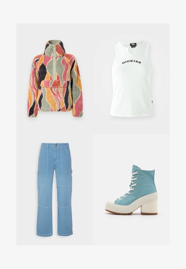 Fleece pullover med høj krave og trykknaplukning. Har et bølget mønster i flere farver i pink, grøn, orange og sort.; Hvid ribbet tanktop med V-halsdesign, prydet med ordet "DICKIES" i fede sorte bogstaver hen over brystet. Uden ærmer.; BDG Urban Outfitters UTILITY SKATE - Bukser - blue; Lys blå kanvas høje sneakers med hvide snørebånd, gummitåhætte og en kraftig hvid hæl. Tekstureret sål for godt greb.