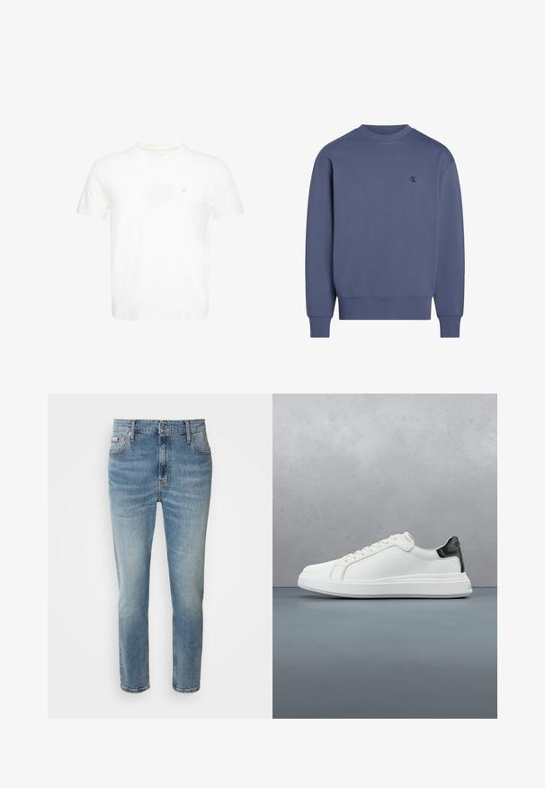 Sudadera azul hecha de una mezcla de algodón; presenta un cuello redondo, puños y dobladillo acanalados, y un pequeño logo bordado en el pecho.; Camiseta blanca de manga corta con cuello redondo y pequeño logo "ck" bordado en el pecho izquierdo.; Vaqueros de mezclilla azul claro con corte recto, cinco bolsillos y un ligero desgaste. Cuentan con un cierre de botón y cremallera, así como una cinturilla clásica.; Zapatilla blanca con parte superior de cuero suave y un acento en el talón negro contrastante. Presenta cordones planos y una suela de goma texturizada.