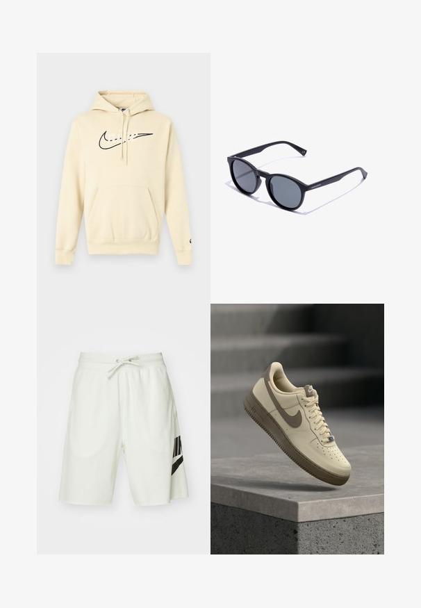 Beige Nike-hoodie med en frontlomme, snørejusterbar hætte og sort logo på brystet. Blødt materiale og ribbede ærmegab.; Lysegrå bomuldsshorts med elastisk talje, justerbar snor og et sort Nike-logo på venstre side.; Beige og brun Nike Air Force 1 sneaker med snørebånd, svævende over en betonoverflade med trapper i baggrunden.; Sorte plastiksolbriller med runde glas, gråt tonede, med et minimalistisk design og et diskret mærkelogo på et af stængerne.