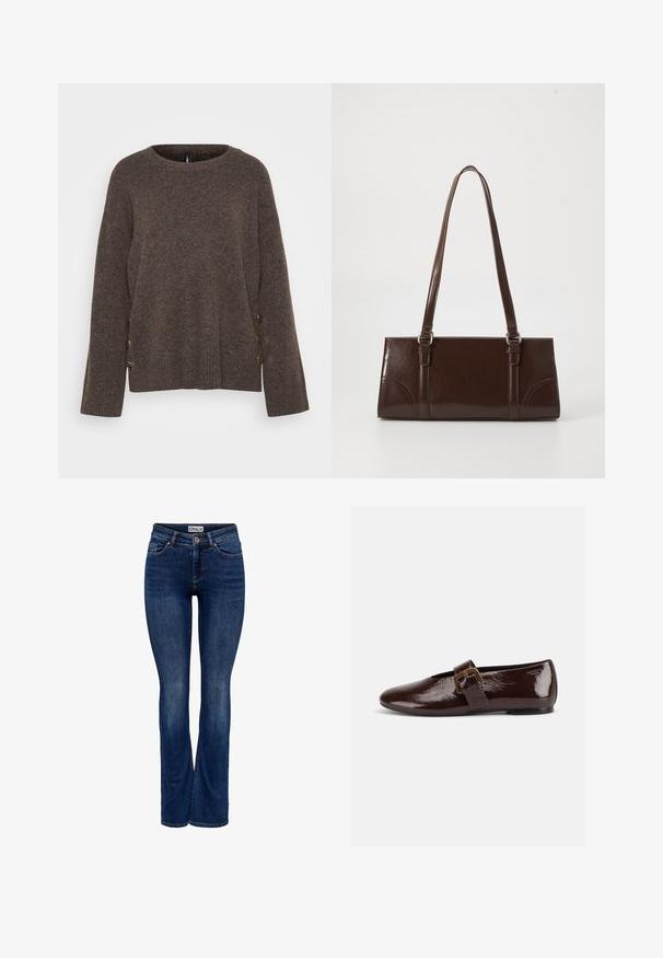Brauner Strickpullover mit rundem Hals, geripptem Saum und dekorativen Knöpfen an der Seite. Weicher Stoff und lockere Passform.; Dunkelblaue Jeans aus Denim mit leichter Verblendung, Fünf-Taschen-Design, Knopfverschluss und Bootcut-Beinstil, mit dem Etikett "ONLY" am Bund.; Dunkelbrauner Lacklederschuh mit großer goldener Schnalle und abgerundeter Spitze, seitlich vor weißem Hintergrund dargestellt.; Braune Lackleder-Handtasche in rechteckiger Form, mit zwei langen Griffen und subtilen, geschwungenen Akzenten auf der Vorderseite.